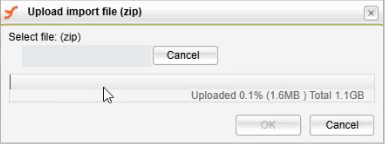 The ZIP import dialog shows progress for a 1.1 GB package.