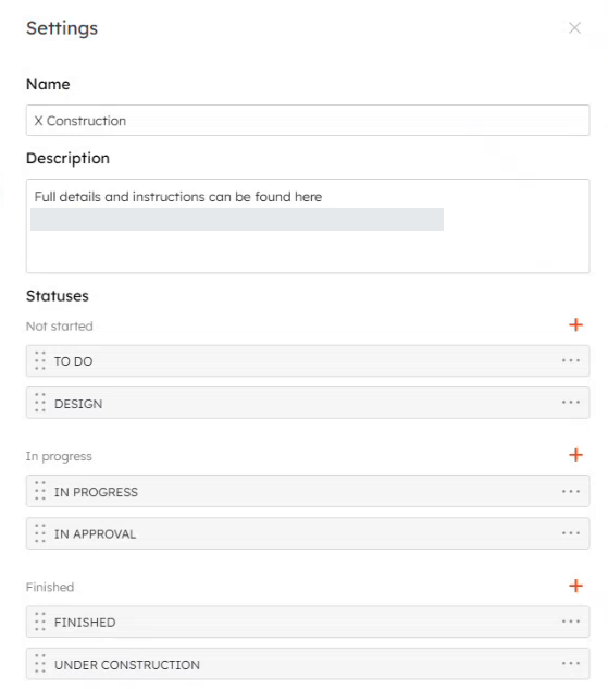 Name, description and statuses are grouped in Settings.